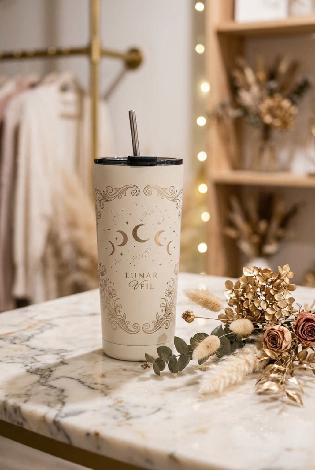 Lunar Veil tumbler in a romantic interior
